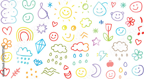 A whimsical world of colorful doodle art expressing joy, positivity, and childlike wonder with rainbows and smiling elements.