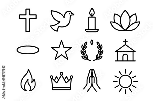 Sanctified Icon Set. Sanctified. Line outline icon set of Sanctified: cross, dove, candle, lotus flower, halo,
