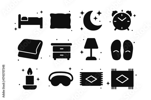 Sleep Icon Set. Sleep and rest. Solid icons set of Sleep and rest: bed, pillow, blanket, moon, stars, alarm clock, nightstand, lamp, slippers, candle, eye