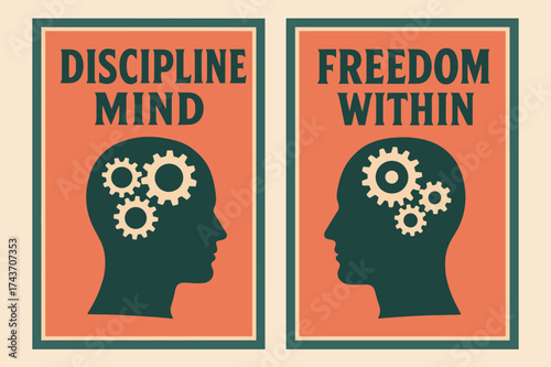 Retro Discipline & Freedom. Mindset. Two vertical A6 banners with safe margins, centered composition, no elements touching edges, retro style, coral and teal,