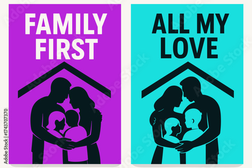 Family Love Banners. Family. Two vertical A6 banners, modern, neon purple and cyan backgrounds, family silhouettes hugging under a roof, first banner with text