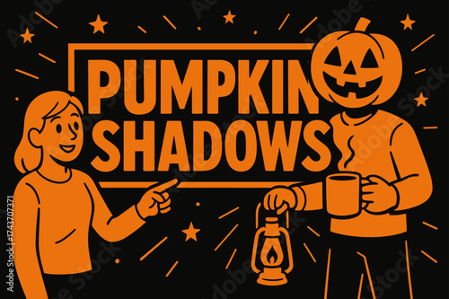 Pumpkin Shadows Banner. Pumpkin Shadows banner, flat vector illustration, bold oversized text inside rectangular frame, cartoon characters standing and