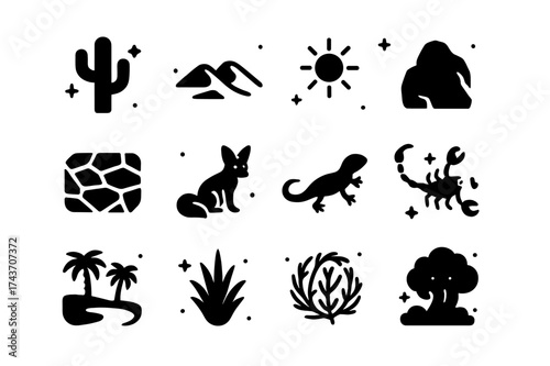 Desert Icons Collection. Desert ecosystem basics. Solid icons set of cactus, sand dunes, sun, desert rock, dry riverbed, desert fox, lizard, scorpion, oasis,
