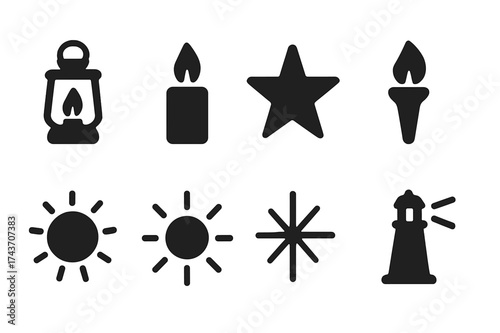 Light Icon Set. Light. Filled icon set of Light: lantern, candle flame, star, torch, sun, glowing orb, spark,