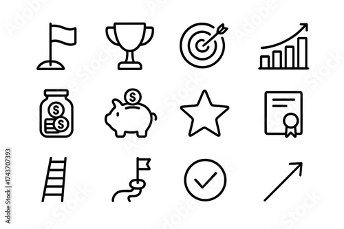 Financial Goals Icons. Financial goals. Line icon set of financial goals: goal flag, trophy, target, growth chart, jar of coins, piggy bank, star, certificate,