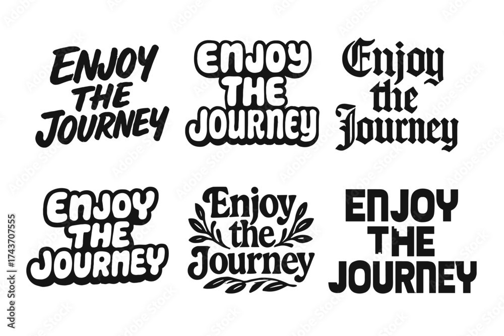 Fototapeta premium Harmonious Lettering Grid. Enjoy the journey. Set lettering. harmonious lettering variations of the same emblematic concept (Grunge textured brush lettering,