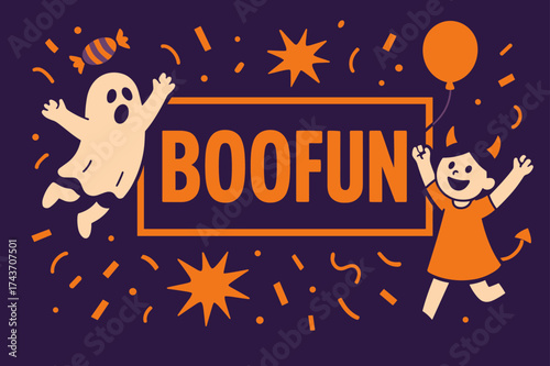 BooFun Celebration Banner. BooFun banner, flat vector illustration, bold oversized text inside rectangular frame, cartoon characters jumping and cheering near