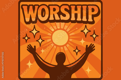 Retro Celebration Scene. Worship. 70s poster vibe, warm gradient fills, thick outlines, offset shadows,