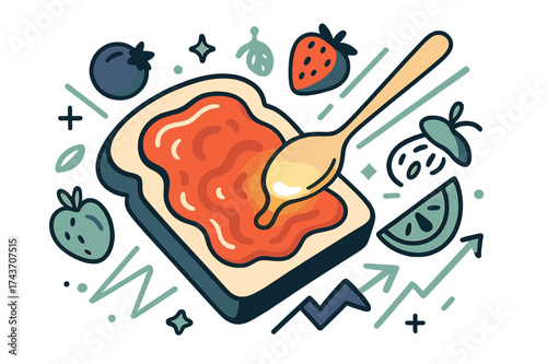 Vibrant Jam Spread. Fruit jam spread. Glowing spoon spreading vibrant jam on toast, abstract floating fruit icons and geometric light trails emphasizing taste