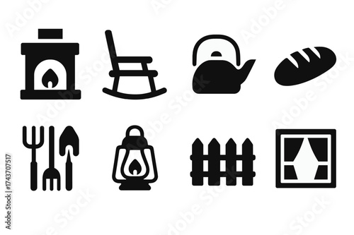Country Living Icons. Country living. Filled icon set of Country living: fireplace, rocking chair, kettle,