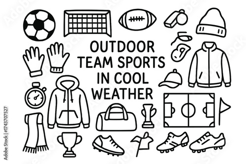 Outdoor Sports Doodle. Outdoor Team Sports in Cool Weather. Hand-drawn doodle illustration Outdoor Team Sports in Cool Weather soccer ball, rugby ball,