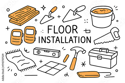 Floor Installation Doodle. Floor Installation. Hand-drawn doodle illustration wooden planks (colored), tiles, adhesive bucket (colored), trowel, knee pads