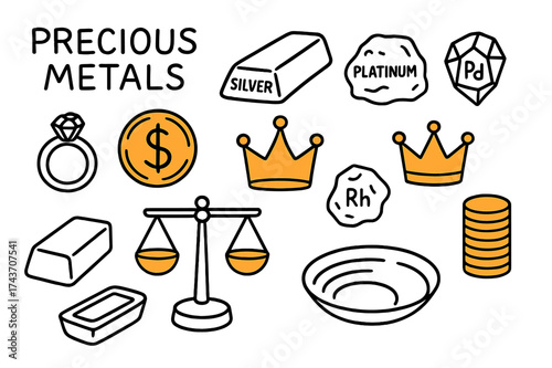 Precious Metal Doodles. Precious metals. Hand-drawn doodle illustration precious metals gold coin (accented), silver bar (accented), platinum nugget