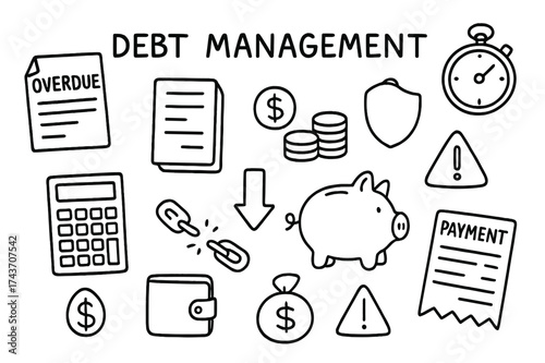 Debt Management Doodles. Debt Management. Hand-drawn doodle illustration Debt Management overdue bill, document, calculator, dollar sign, coin stack, wallet,