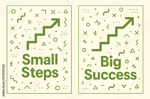 Small Steps, Big Success. Inspiration. Two vertical A6 banners with safe margins, centered composition, no elements touching edges, memphis style, olive green