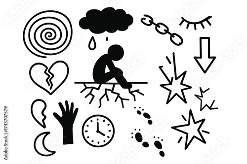 Symbolic Despair Doodles. Hopelessness. Hand-drawn doodle illustration hopelessness person silhouette, spiral pit, broken heart, tear drop, dark cloud, chains,