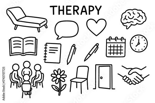 Therapy Doodle Icons. Therapy. Hand-drawn doodle illustration therapy couch, talking bubble, heart, brain, book, notebook, pen, calendar, clock, group circle,