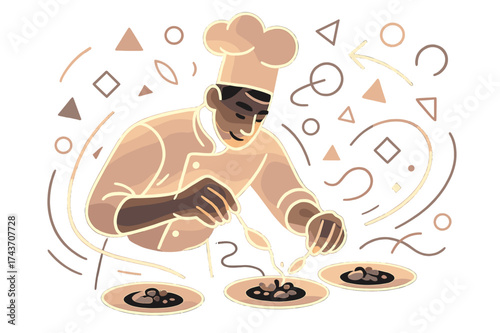 Culinary Artistry Displayed. Chef plating. Glowing chef carefully plating dishes, abstract floating geometric shapes and light trails emphasizing