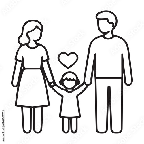 Happy family with child isolated on white background in line art style