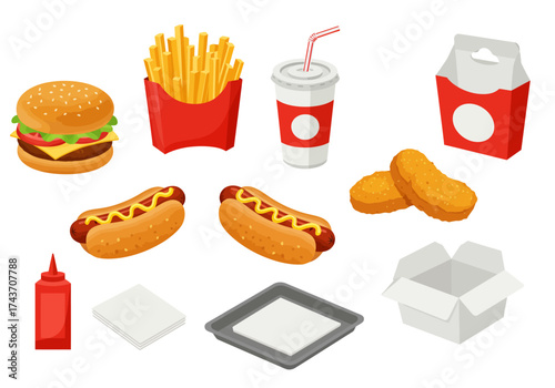 Delicious Assortment of Fast Food Burgers, Fries, Hot Dogs, and Chicken Nuggets Ready to Eat
