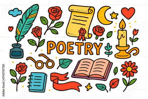 Whimsical Poetry Elements. Poetry. Colorful Hand-drawn doodle Children illustration Feather quill, scroll, roses, moon, star, heart, candle, book, ink bottle,