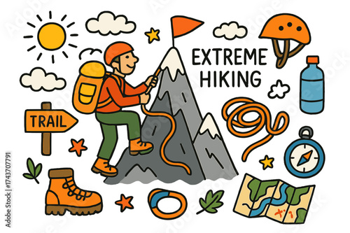 Colorful Hiking Adventure. Extreme Hiking. Colorful Hand-drawn doodle Children illustration mountain peak, hiker, backpack, hiking boots, rope, helmet, water