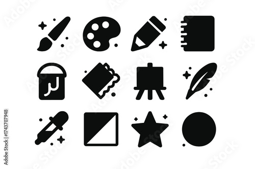 Art Tools Icons. Art and design. Solid icons set of Art and design: paintbrush, palette, pencil, notebook, paint bucket, fabric swatch, canvas, quill, dropper