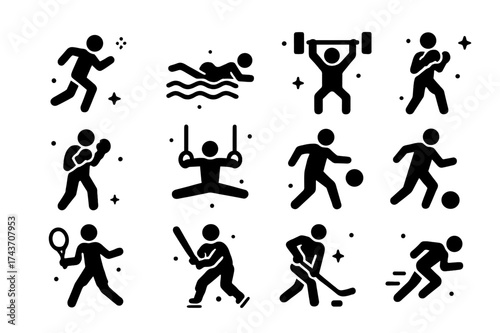 Athlete Icons Set. Professional athletes basics. Solid icons set of runner, swimmer, cyclist, weightlifter, boxer, gymnast, basketball player, soccer player,
