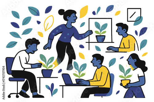 Modern Office Greenery. Office greenery. Glowing small plants on desks and shelves, abstract floating leaves and geometric light shapes highlighting focus and