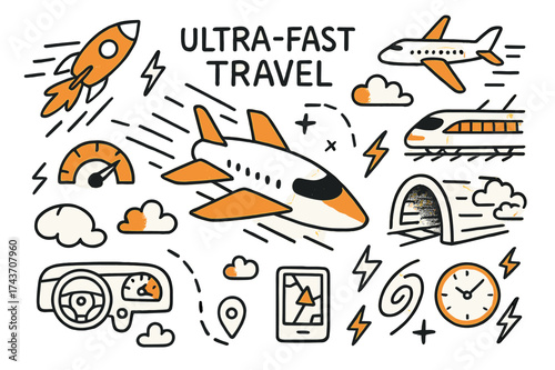 Futuristic Travel Doodle. Ultra-Fast Travel. Hand-drawn doodle illustration ultra-fast travel futuristic vehicle (accented), motion lines,