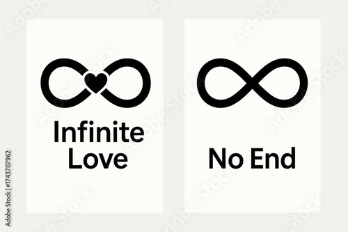 Infinite Love Banners. Infinite Love. Two vertical A6 banners with safe margins, centered composition, no elements touching edges, modern minimal, black and
