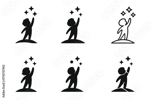 Child's Star Journey. Child's wonder. Set Logo of Emotion: child reaching for stars icon. harmonious logo variations of the same emblematic concept, each with