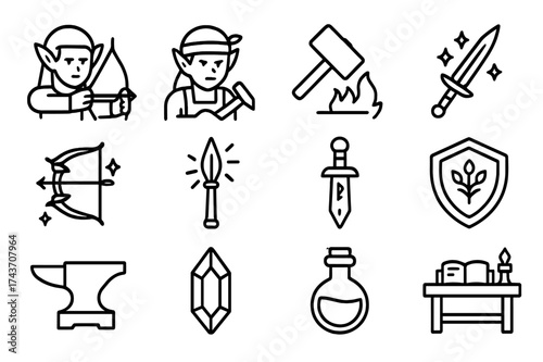 Enchanted Weapon Icon Set. Elves crafting enchanted weapons. Line icon set of Elves crafting enchanted weapons: elf archer, elf blacksmith, forge hammer,