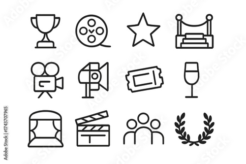 Film Festival Icons. Film festivals. Line outline icon set of film festivals: trophy, film reel, star, red