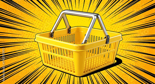 Pop art comic style yellow shopping basket vector illustration. Retail sale, supermarket promotion background