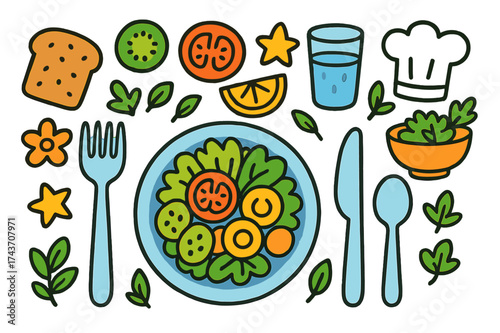 Colorful Healthy Plating. Healthy Plating. Colorful Hand-drawn doodle Children illustration salad, vegetable slices, fruit, plate, fork, knife, spoon, star,