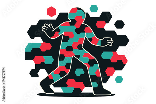 Camouflage Geometric Artistry. Camouflage physics. A figure blending into a geometric patterned background, edges glowing faintly. Floating hexagons shift