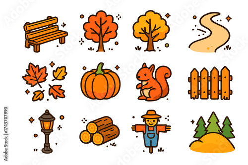 Autumn Park Icons. Autumn park. Colorful isometric vector icons set of autumn park: park bench, maple tree, oak tree, winding path, falling leaves, pumpkin,