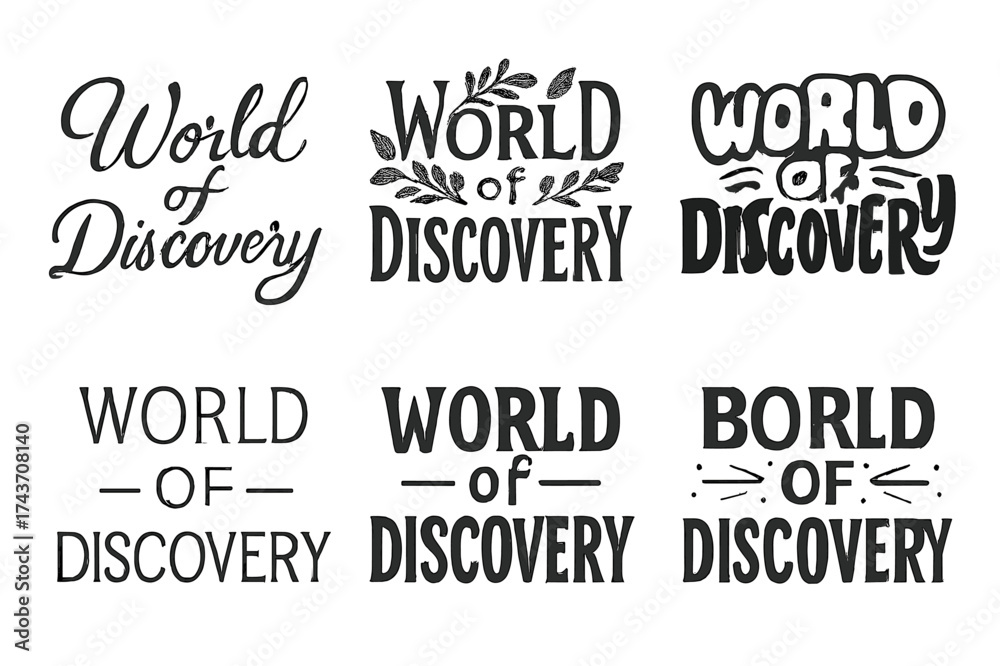 Obraz premium Creative Lettering Grid. World of Discovery. Set lettering. harmonious lettering variations of the same emblematic concept, each with different artistic