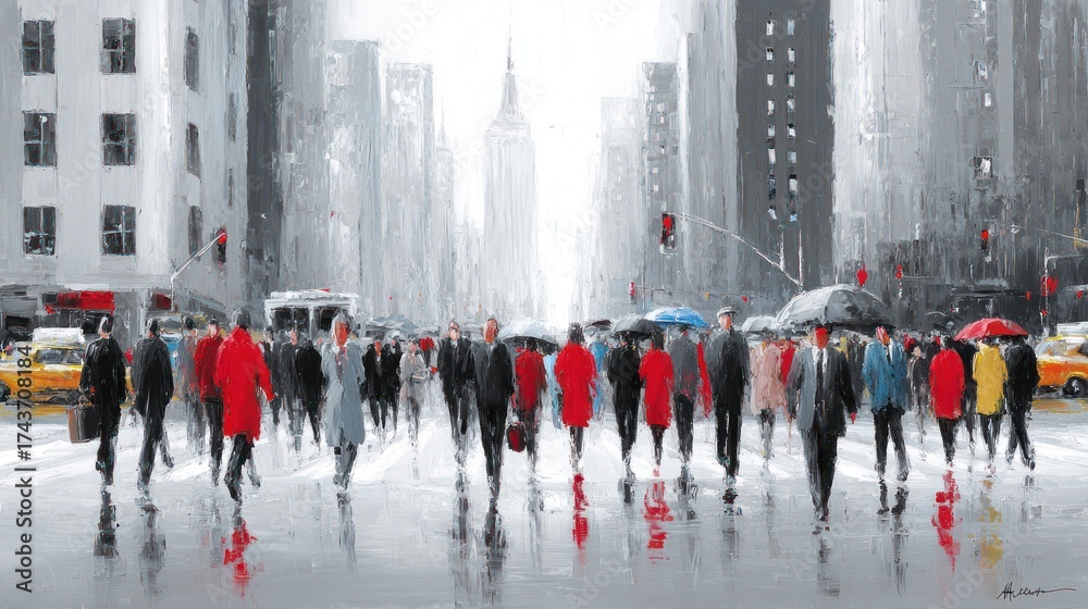 Fototapeta premium Urban scene with people walking in a rainy day city architecture backdrop