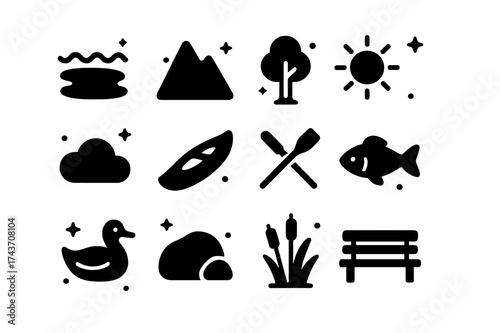 Nature Icon Set. Nature Escape. Solid icons set of Nature Escape: Lake, Mountain, Tree, Sun, Cloud, Canoe, Paddle, Fish, Duck, Rock, Reeds, Bench.Filled icons