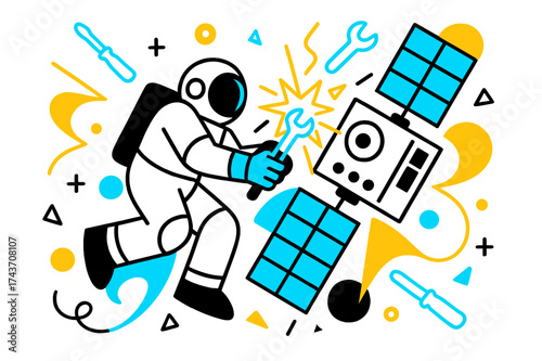 Satellite Repair Scene. Repair in orbit. Astronaut tightening bolts on a satellite, glowing tools floating around. Abstract sparks and geometric shapes show