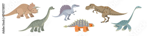 Set of cartoon flat modern style dinosaurs. Triceratops, Brachiosaurus, Spinosaurus, Ankylosaurus, Tyrannosaurus rex, Plesiosaurus. Jurassic age animals collection. Vector illustrations 