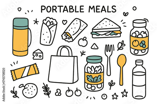 Colorful Portable Meals. Portable Meals. Hand-drawn doodle illustration thermos (colored), wrap, sandwich (colored), fruit cup, snack bar (colored), reusable