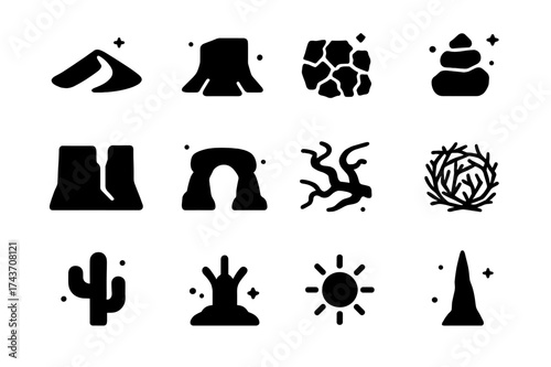 Desert Icon Set. Desert Stones. Solid icons set of Desert Stones: sand dune, mesa, butte, cracked earth, rock cairn, canyon wall, desert arch, dry riverbed,