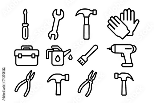 Tool Maintenance Icons. Tool maintenance. Line icon set of tool maintenance: screwdriver, wrench, hammer, gloves, toolbox, lubricant can, cleaning brush,