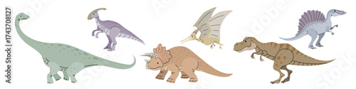 Set of cartoon flat modern style dinosaurs. Diplodocus, Parasaurolophus,  Pteranodon,Tyrannosaurus Rex, Troceratops, Spinosaurus. Jurassic age animals collection. Vector illustrations