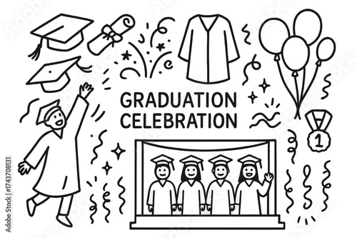 Graduation Celebration Doodle. Graduation celebration. Hand-drawn doodle illustration celebrating a graduation with a cap toss mortarboard hat, diploma tied