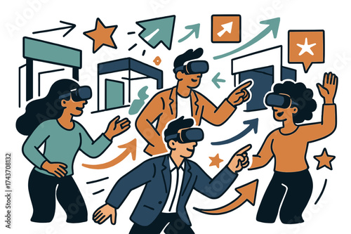 Virtual Expo Exploration. Virtual trade show. Professionals glowing while exploring booths in VR expo hall. Floating icons of banners, stars, and arrows