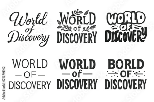 Creative Lettering Grid. World of Discovery. Set lettering. harmonious lettering variations of the same emblematic concept, each with different artistic